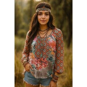 Fig And Flower Anthropologie Women's M Multicolor  Floral 3/4 Sleeves Top Blouse